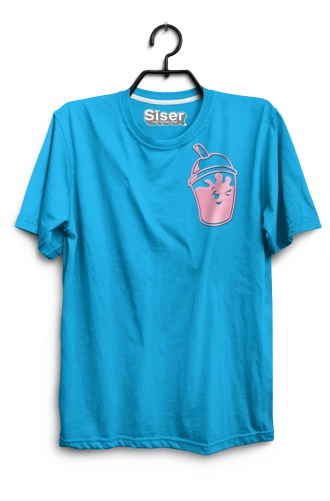 Blue t-shirt with a pink and blue design on a hanger