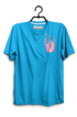 Blue t-shirt with a pink and blue design on a hanger
