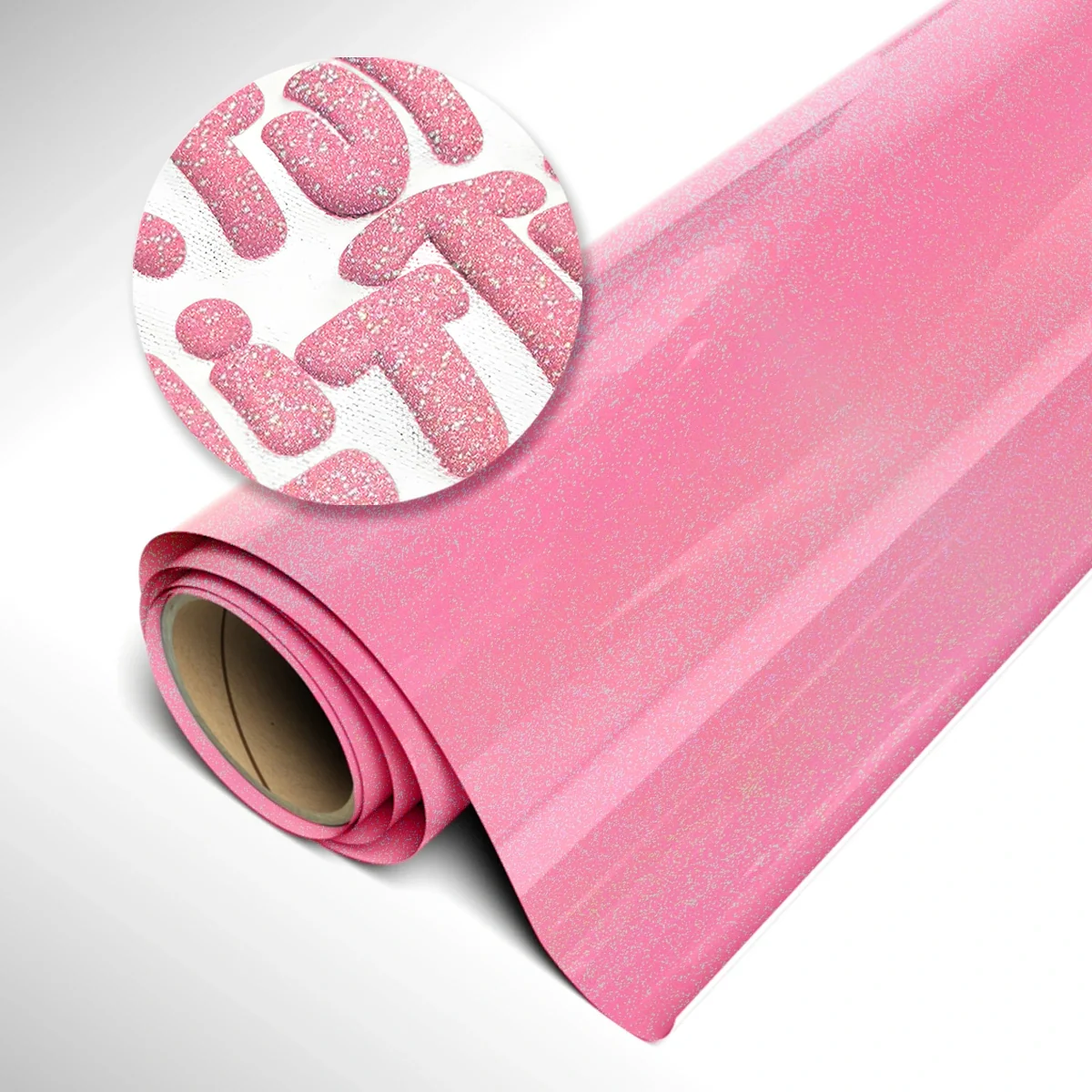 Roll of pink glittery vinyl with a close-up inset showing texture details.
