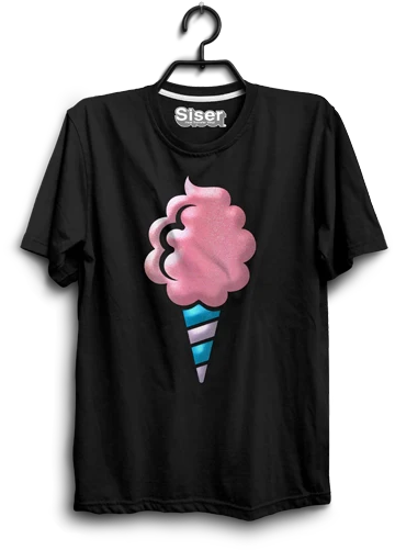 Black t-shirt with a cotton candy design on a hanger