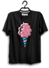 Black t-shirt with a cotton candy design on a hanger