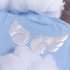 Light blue baby outfit with silver angel wings on a cloud background