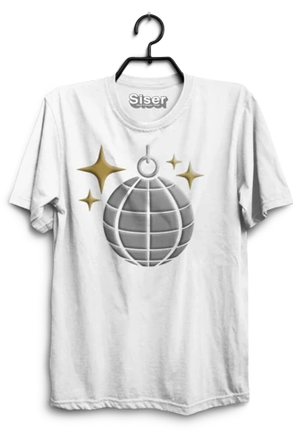 White t-shirt with a graphic design on a hanger