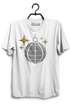 White t-shirt with a graphic design on a hanger