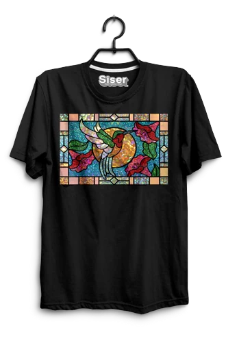 Black t-shirt with colorful stained glass design on a hanger