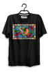 Black t-shirt with colorful stained glass design on a hanger