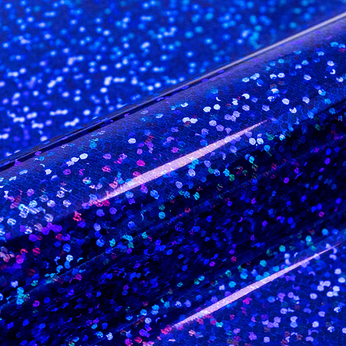 Close-up of a blue glittery holographic vinyl