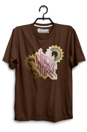 Brown t-shirt with a graphic design on a hanger