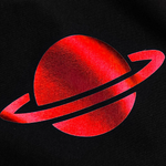 Red planet with rings on a black background