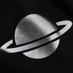 Black and white illustration of a planet with rings on a black background