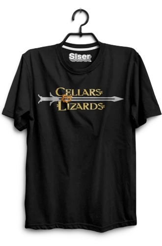 Black t-shirt with 'Cellars & Lizards' logo on a hanger