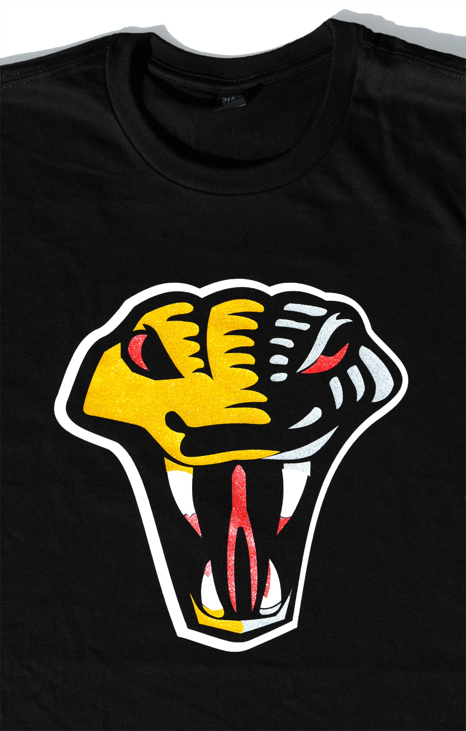 Black t-shirt with a colorful snake graphic design on a plain background