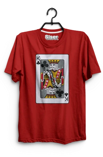 Red t-shirt with a King of Clubs playing card design on a hanger.