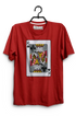 Red t-shirt with a King of Clubs playing card design on a hanger.