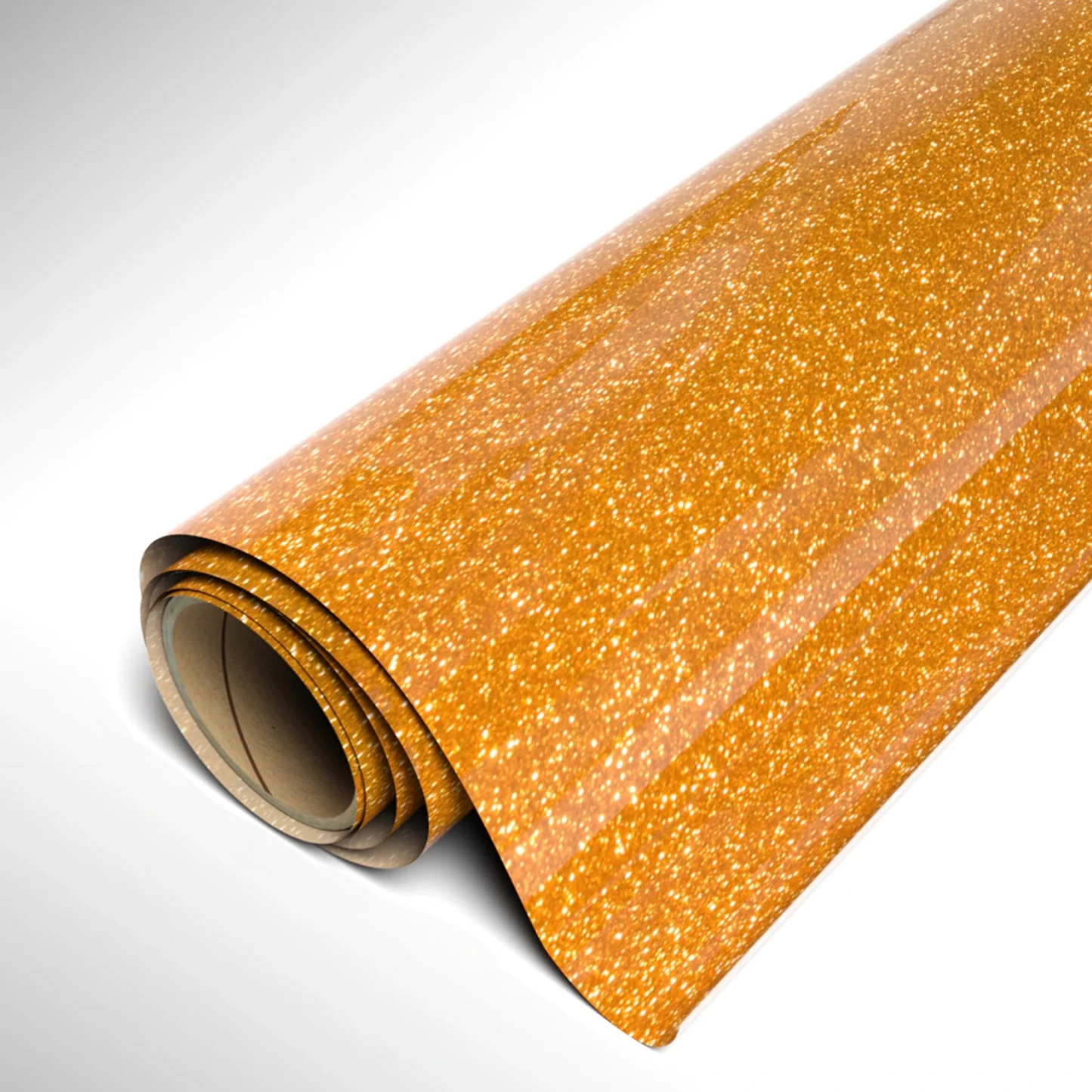 Roll of gold glitter vinyl wrap on a white background