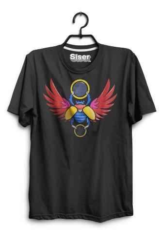Black t-shirt with colorful beetle design on a hanger