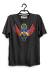 Black t-shirt with colorful beetle design on a hanger