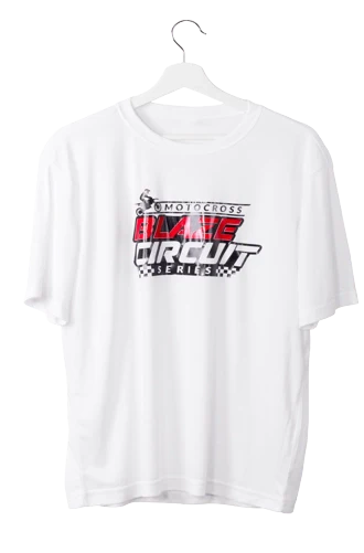 White t-shirt with a graphic design on a hanger against a white background
