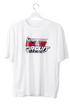 White t-shirt with a graphic design on a hanger against a white background