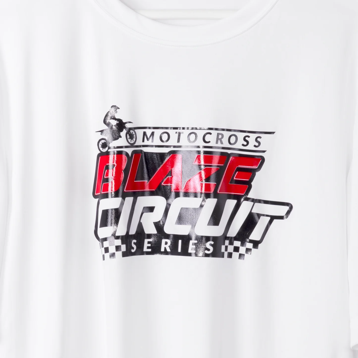 White t-shirt with 'Motocross Blaze Circuit Series' graphic design on a white background