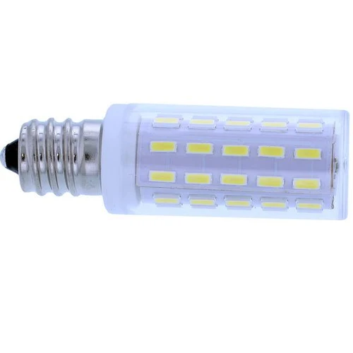 A cylindrical LED corn bulb with a silver E14 screw base, featuring multiple yellow LED chips visible through a clear plastic housing on a white background.