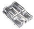 Clear plastic component with metal fastener on a white background