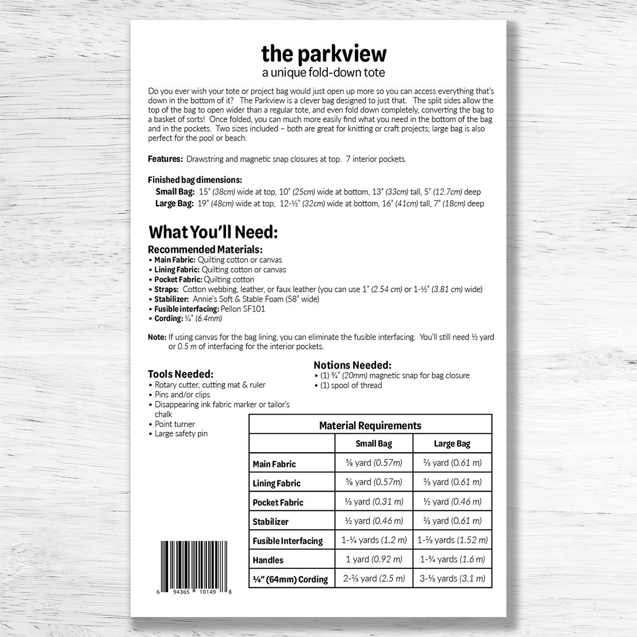 Studio M Squared The Parkview Unique Fold-down Tote Pattern SMST006