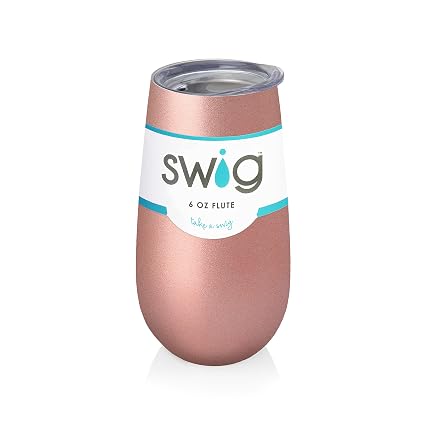 A 6 oz flute tumbler in a metallic rose gold finish with a white paper label that reads 'swig'. The tumbler has a clear plastic lid and is photographed on a clean white background with a soft reflection underneath.