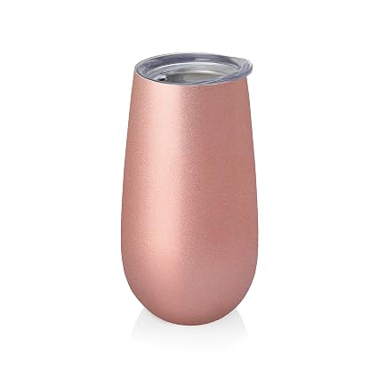 A rose gold insulated stainless steel tumbler with a clear plastic lid, shown on a clean white background.