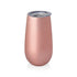 A rose gold insulated stainless steel tumbler with a clear plastic lid, shown on a clean white background.