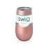 A 6 oz flute tumbler in a metallic rose gold finish with a white paper label that reads 'swig'. The tumbler has a clear plastic lid and is photographed on a clean white background with a soft reflection underneath.