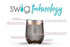A stainless steel insulated tumbler with a metallic silver body, copper-colored band, and dark base, shown with labeled callouts reading 'swig technology' and features like 'BPA Free Lids,' 'Copper Coated Insulation,' '304 Grade - 16/18 Stainless Steel,' 'Vacuum Insulation,' 'Superior Temperature Retention,' and 'Sweat Free.'.