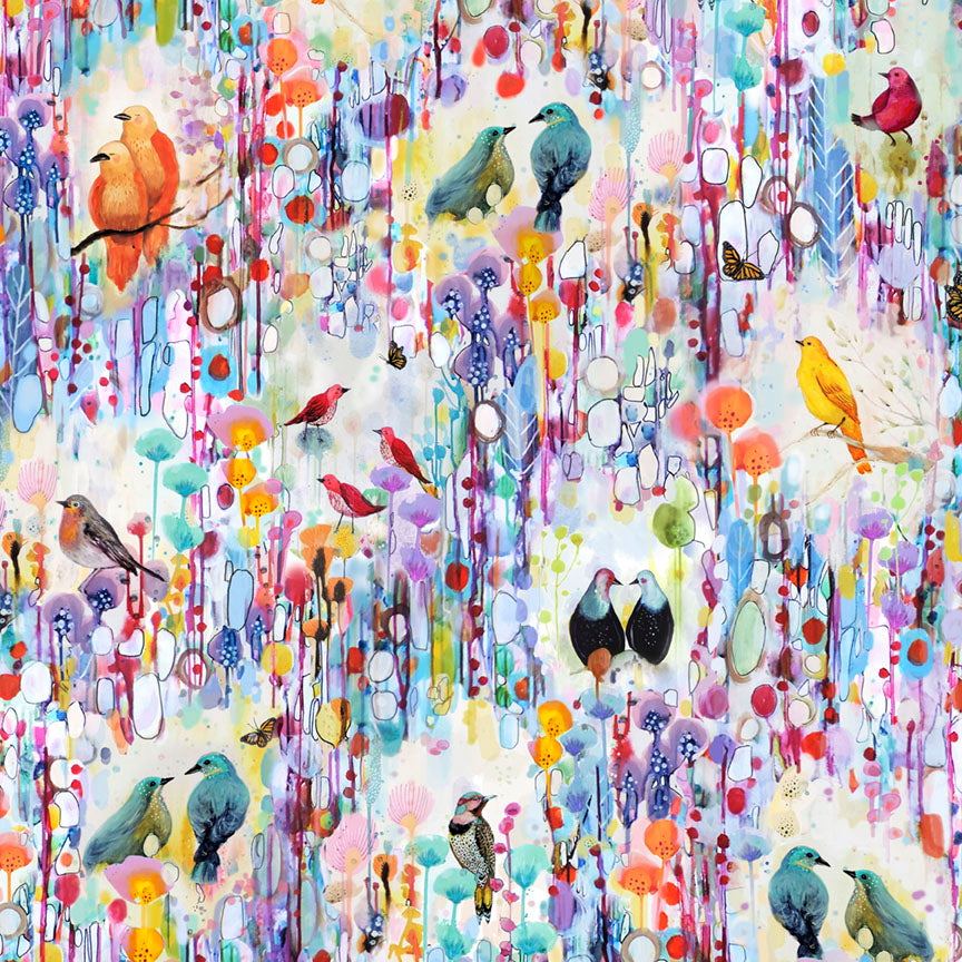 Fabric P & B Textiles Multi Birds in Nature Tree of Life by the Quarter Yard 6378-MU
