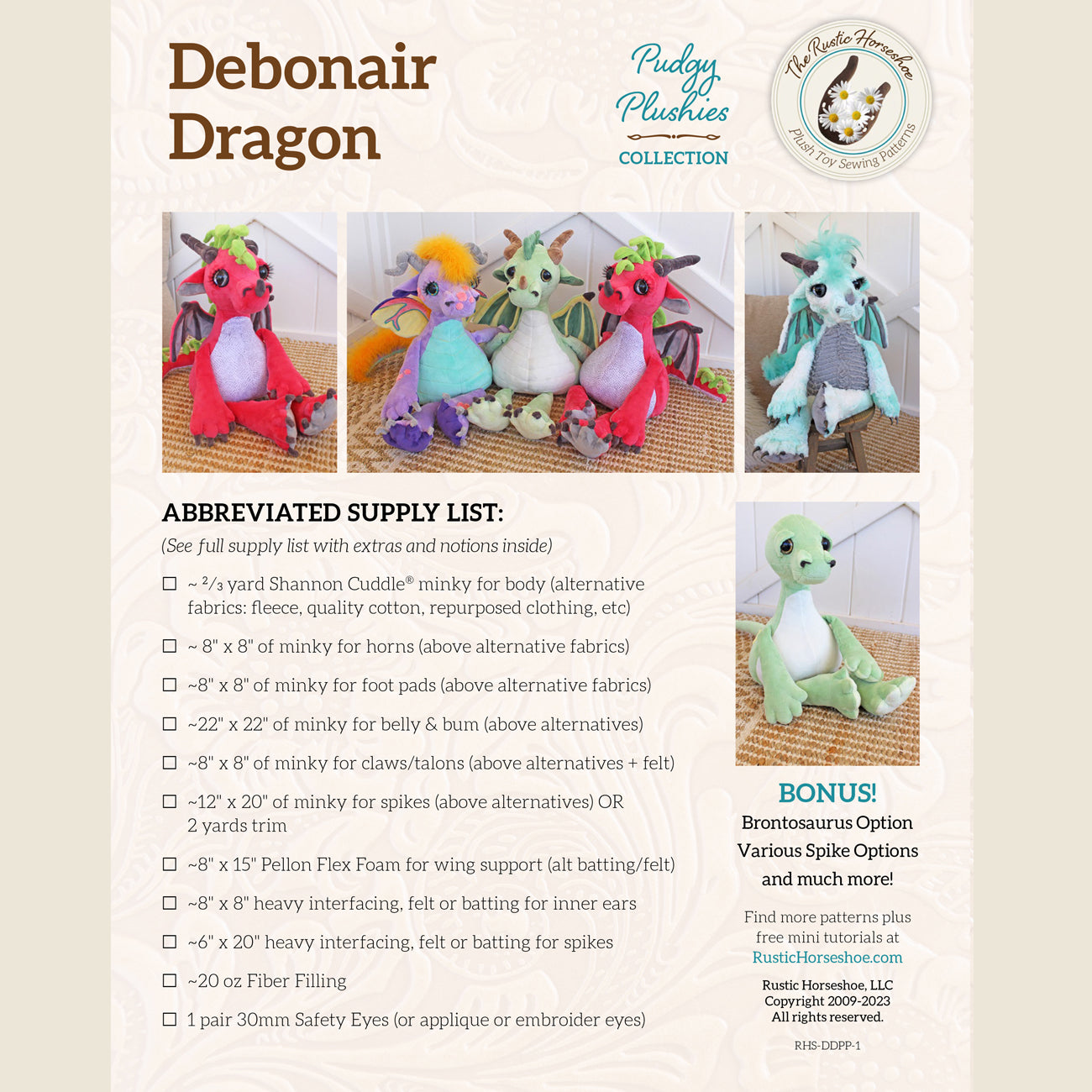 The Rustic Horseshoe Debonair Dragon Stuffable Sewing Pattern PATTRN-8042D