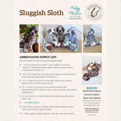 The Rustic Horseshoe Sluggish Sloth Stuffable Sewing Pattern PATTRN-8042K