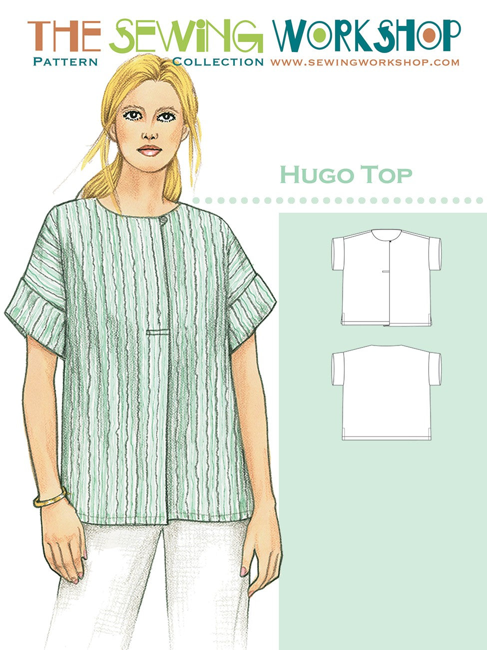 Sewing pattern for 'Hugo Top' with a person wearing the top and diagram on a light green background.