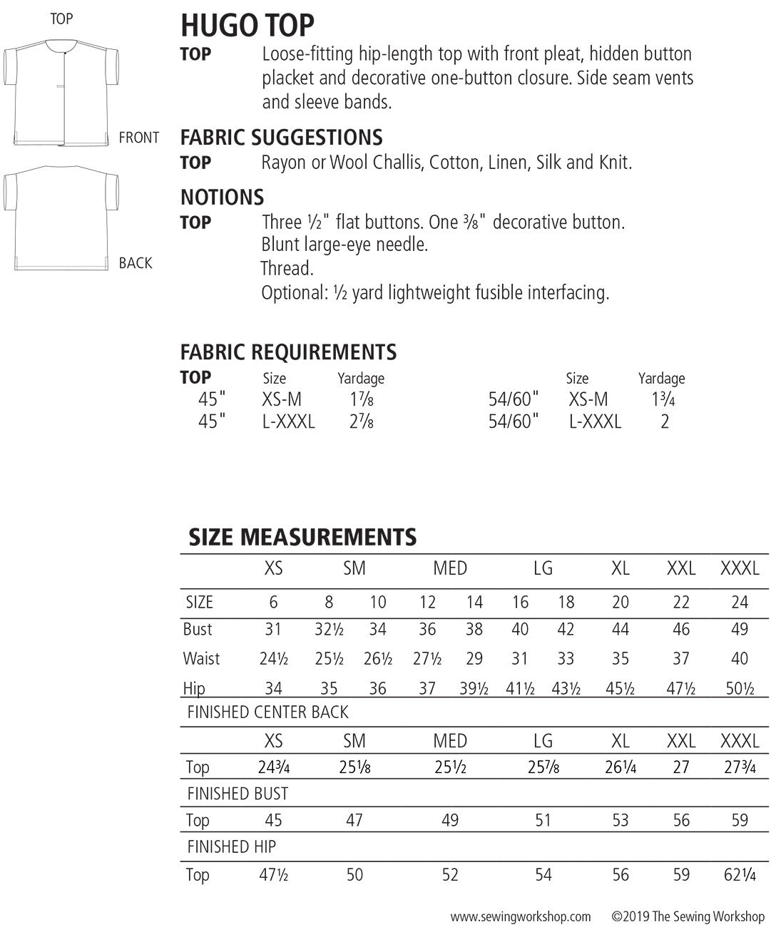 Hugo top pattern with fabric suggestions, notions, and size measurements on a white background.