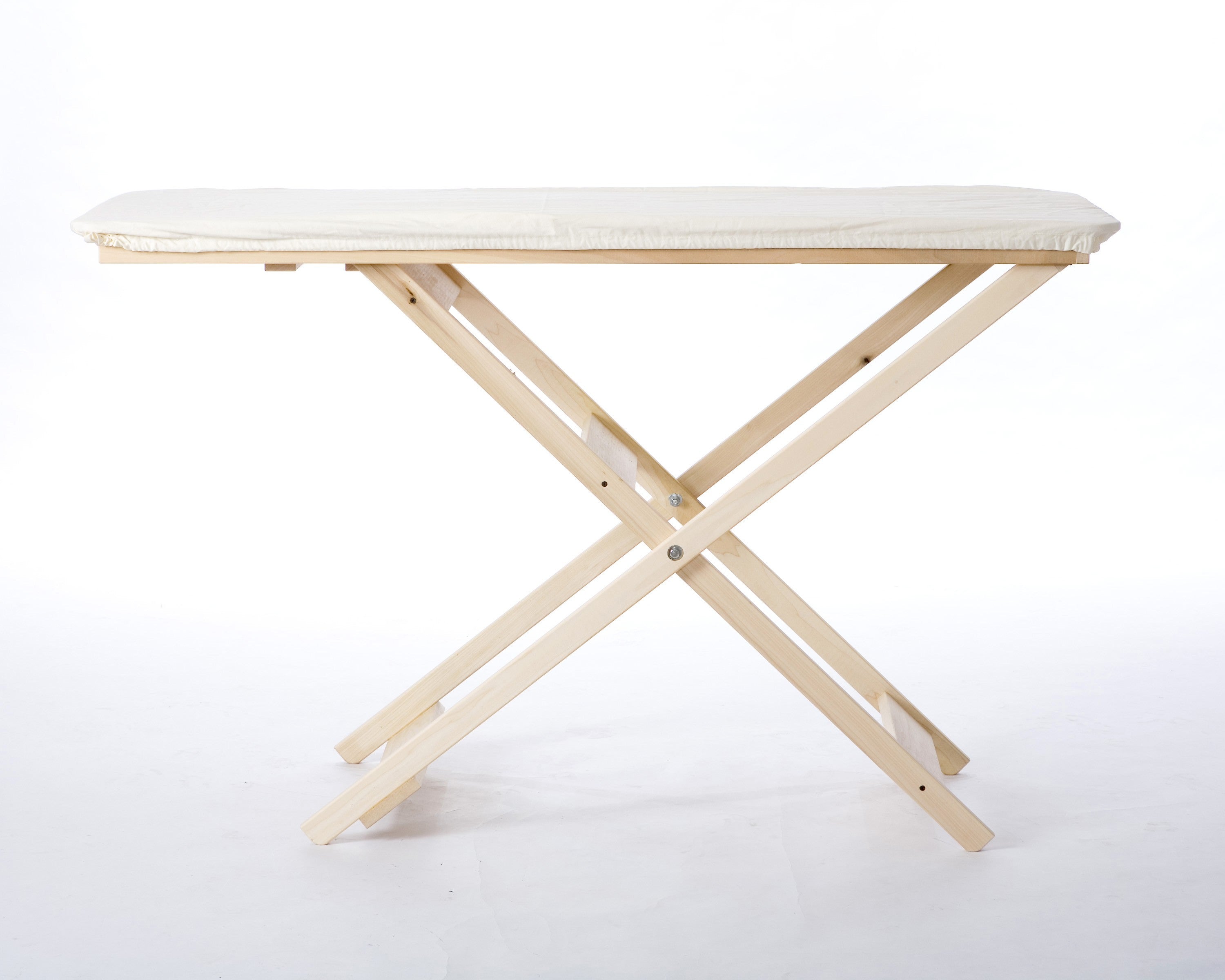 Foldable wooden table with a white surface on a white background