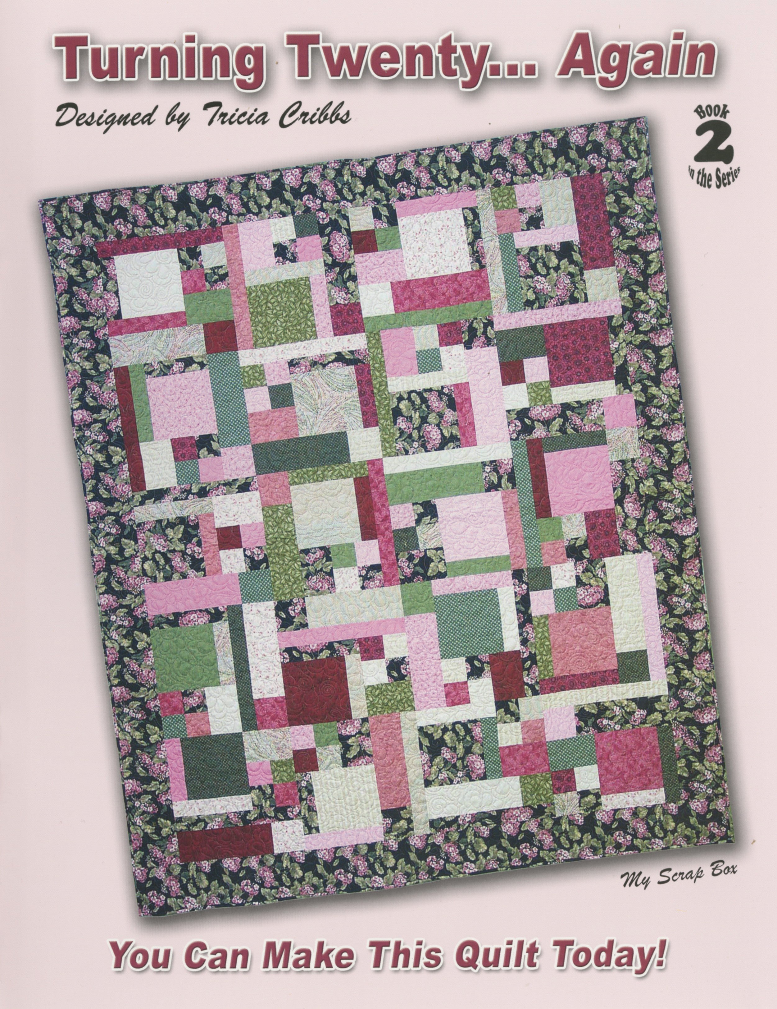Quilt pattern book cover with a patchwork quilt design on a light pink background