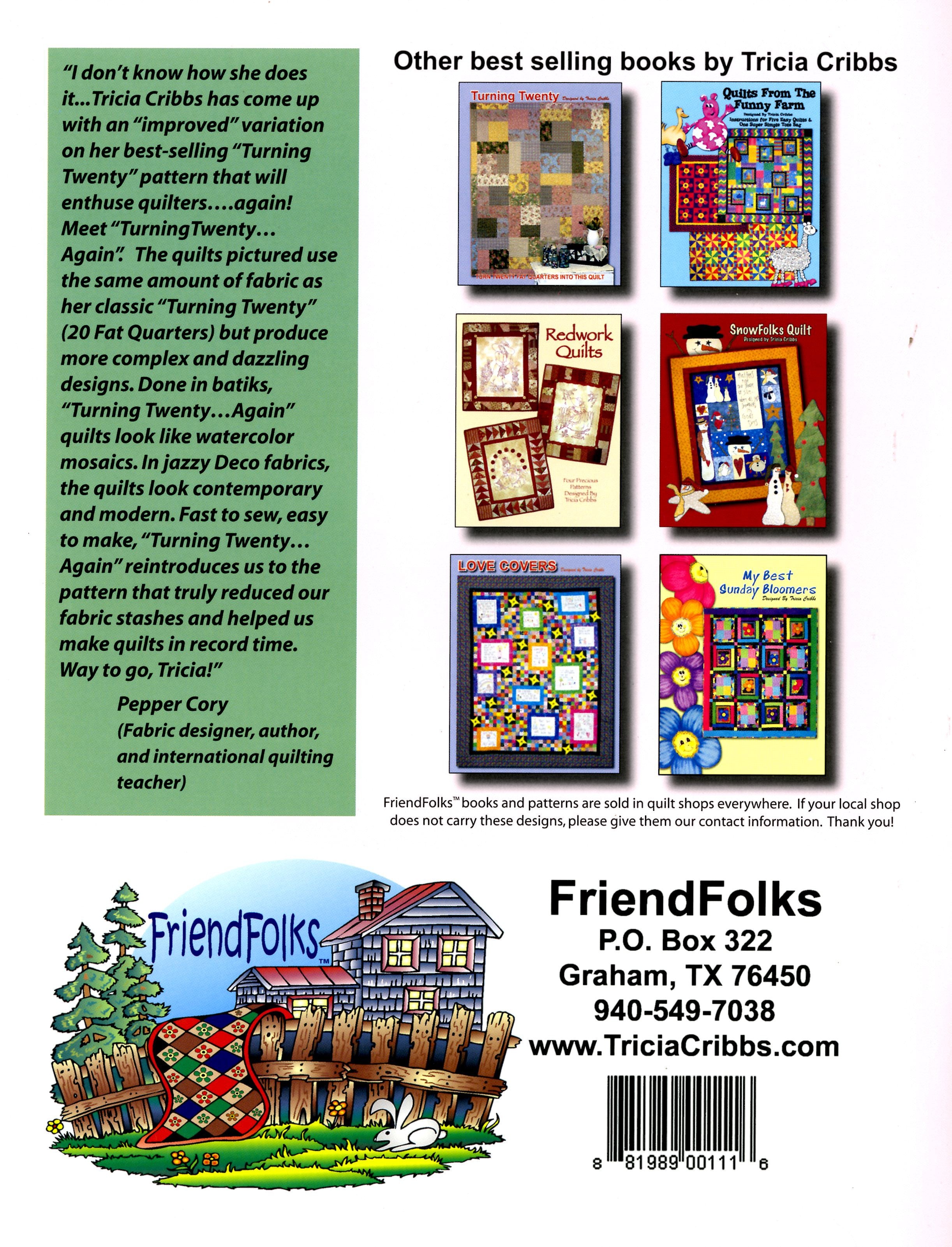 Back cover of a book featuring Tricia Cribbs' quilting patterns with promotional text and contact information.