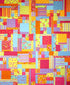 A colorful patchwork quilt featuring a variety of fabric patterns including stripes, florals, and solid colors in shades of pink, yellow, orange, blue, and red.