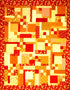 A square patchwork quilt featuring a vibrant abstract design in shades of red, orange, yellow, and cream, finished with a red floral border.