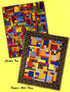 Two colorful patchwork quilts shown on a bright yellow background, with text labels reading 'Chicken Tree' and 'Pepper's Wild Thing.' The quilts feature many saturated colors including blue, yellow, orange, red, green, and purple in a patchwork design.