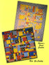 Two patchwork quilts displayed on a solid yellow background, with text reading 'Sharon's Sweet Cuddler' and 'Ride 'Em Cowboy.' The quilts feature a multicolor patchwork design with blue, yellow, red, black, and floral patterns.