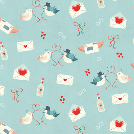 Fabric P&B Teal Love Letters and Birds Valentine's Minis by the Quarter Yard 6524-TEAL