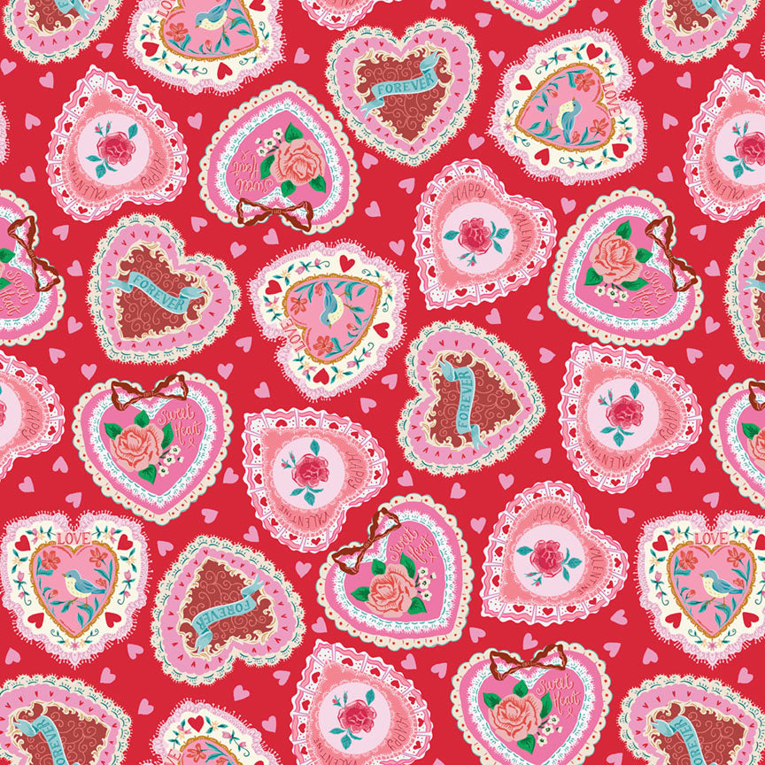 Fabric P&B Red Heart Locket Medallions Valentine's Minis by the Quarter Yard 6525-RED