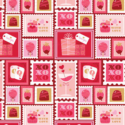 Fabric P&B Dark Red Valentine Postage Stamps Valentine's Minis by the Quarter Yard 6528-DKRED