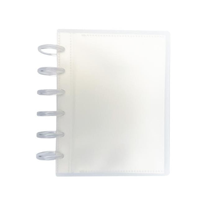 A clear plastic binder sleeve with a single transparent ring, shown on a plain white background.