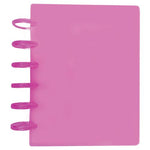 Pink notebook with a spiral binding on a white background
