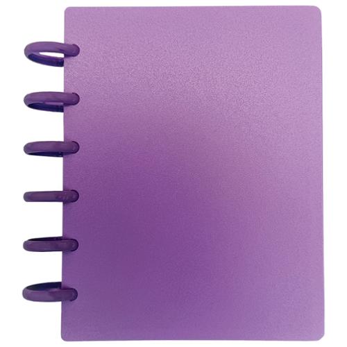 A purple spiral-bound notebook with a textured cover and dark purple plastic wire rings, shown on a plain white background.